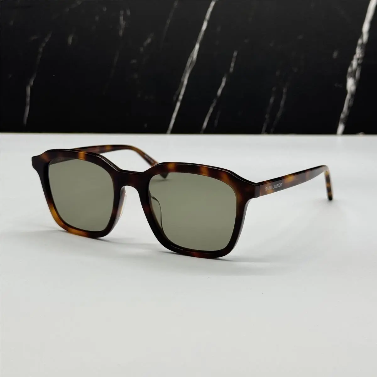 Saint Laurent SL457 002 Geometric Havana Green Unisex Sunglasses