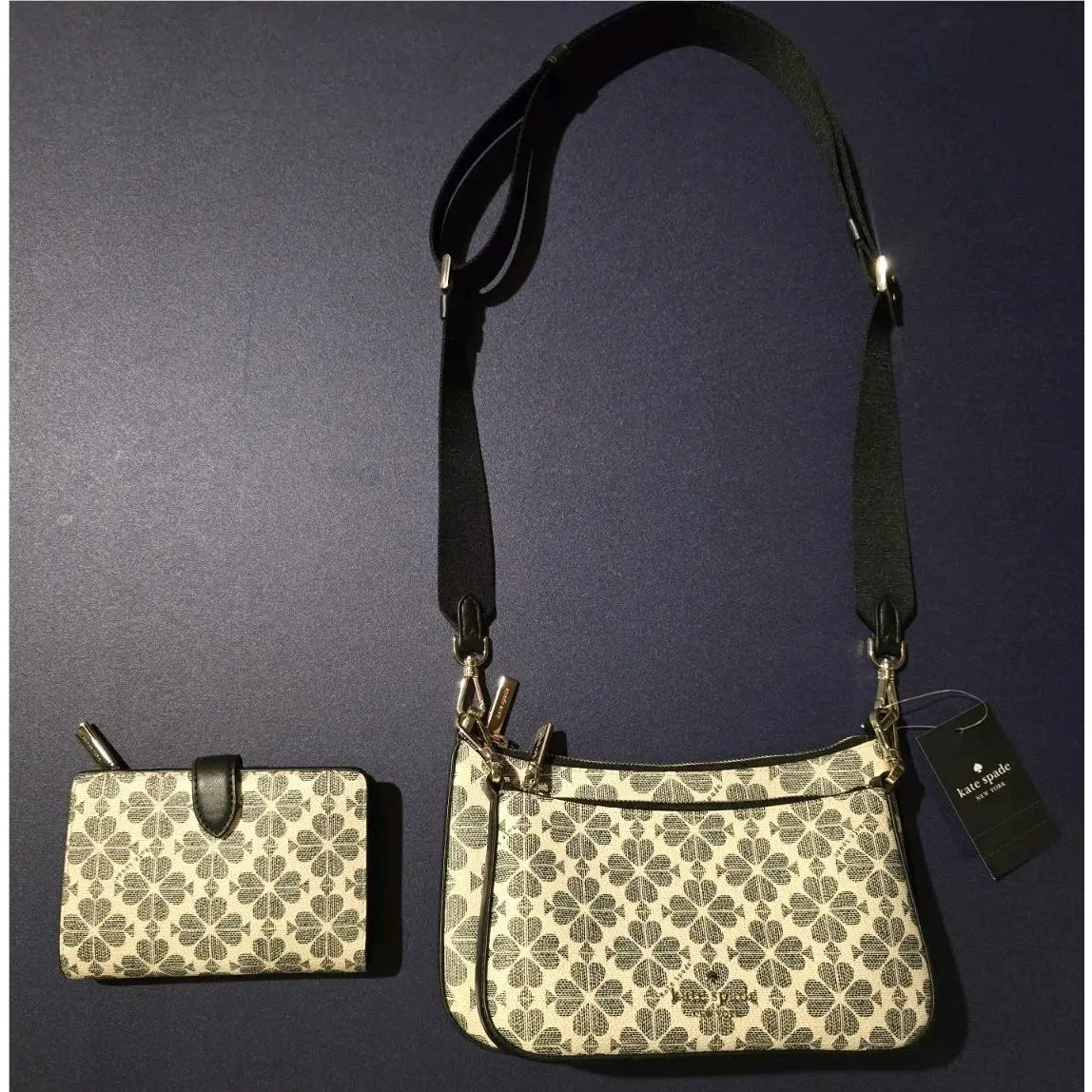 Signature Flower Crossbody Duet Black Cream Bifold Wallet Set by Kate Spade