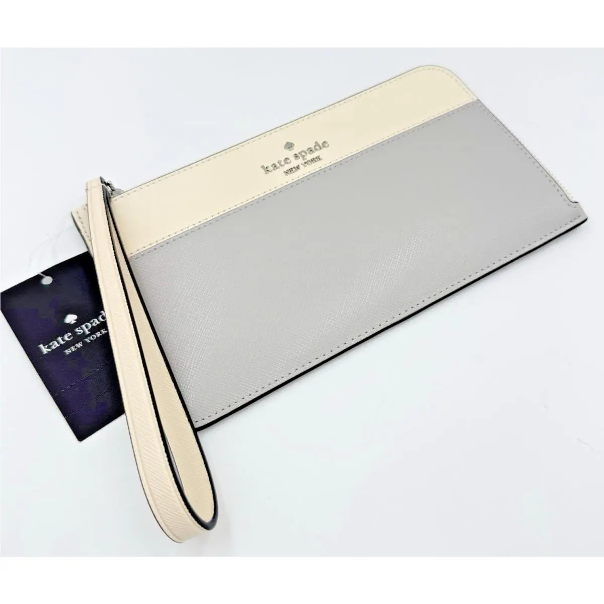 Kate Spade Lucy L Zip Wristlet Platinum Grey Multi Saffiano Leather