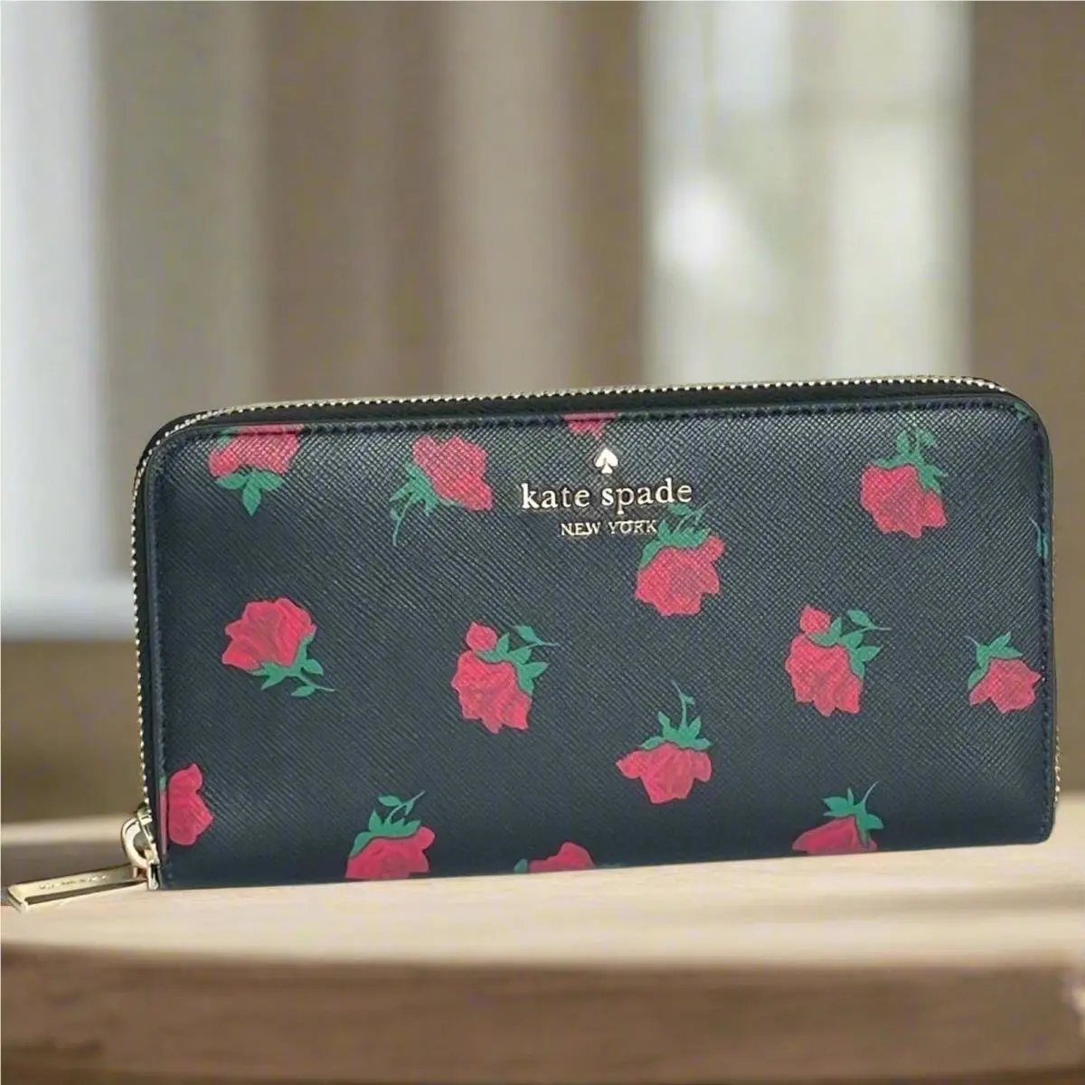 Madison Slim Wallet Rose Toss Black Floral Accordion Leather by Kate Spade