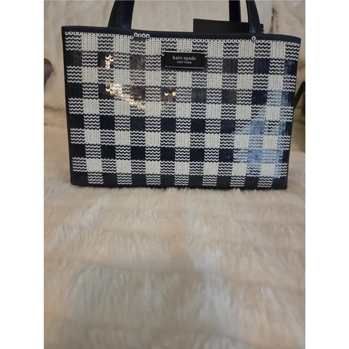 New York Blue/white Checkered Tote Silver Hardware Double Handles by Kate Spade