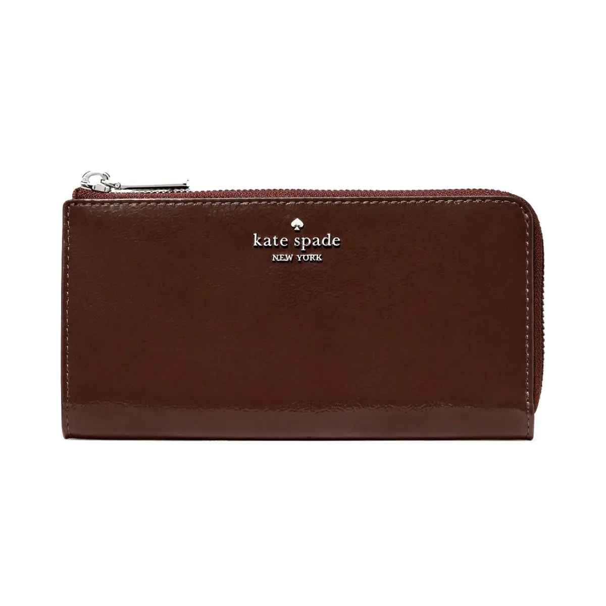 New Kate Spade Shiny Patent Leather Large Slim L-zip Wallet Hot Fudge
