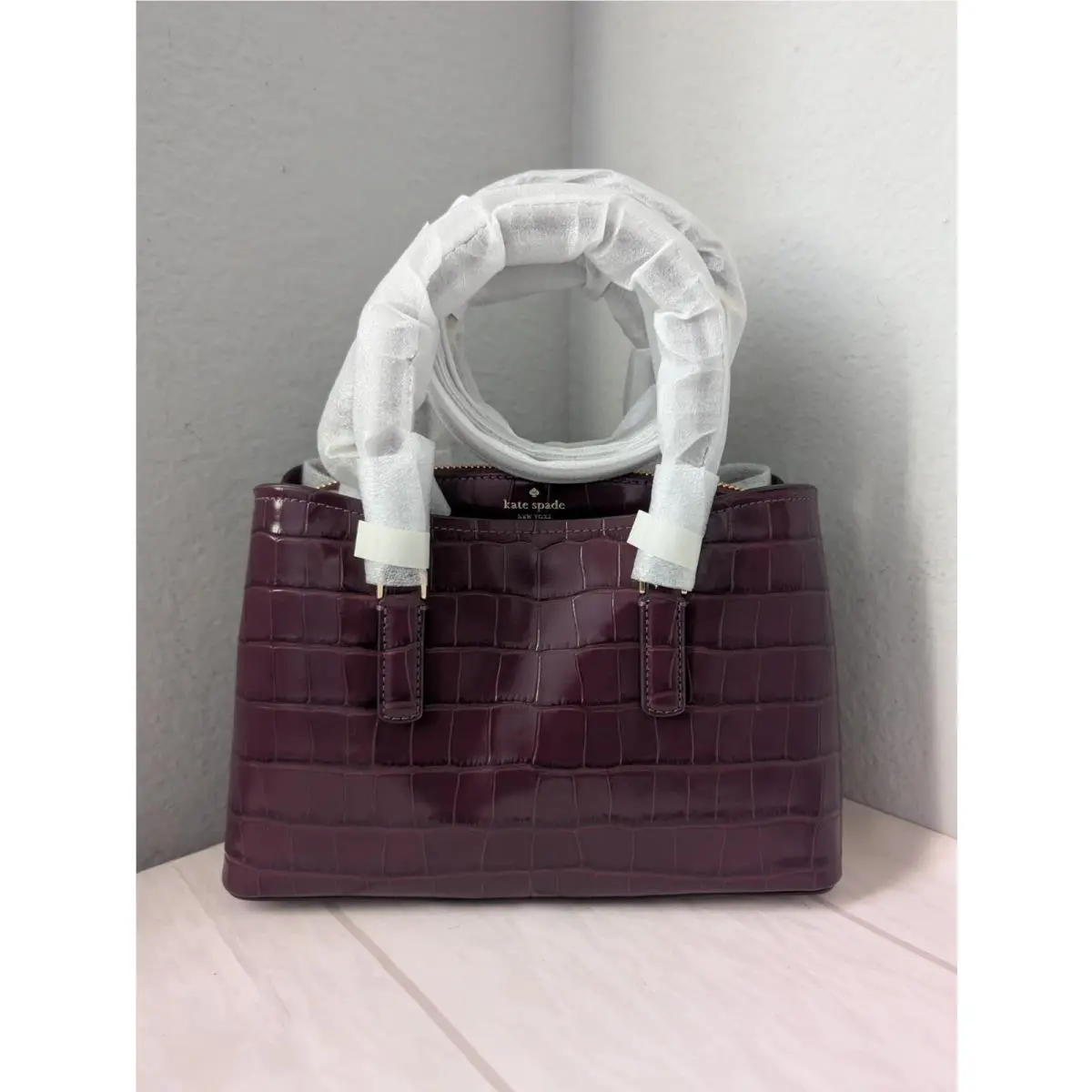 KP178 Thompson Street Croc Embossed Small Satchel Bag Deep Cherry by Kate Spade