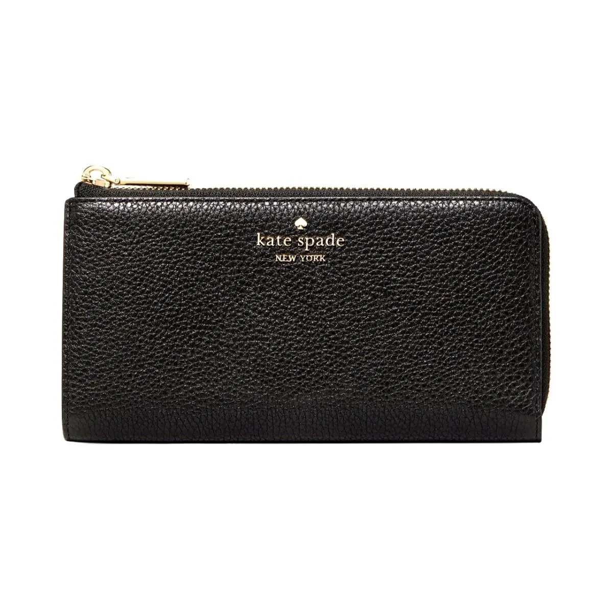 New Kate Spade Large Slim L-zip Wallet Pebble Leather Black