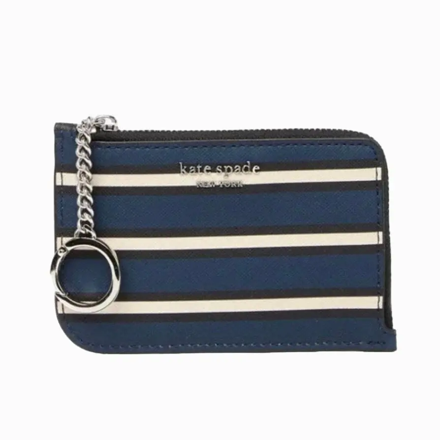 Navy/cream Stripe Leather Cameron York Medium L-zip Wallet by Kate Spade