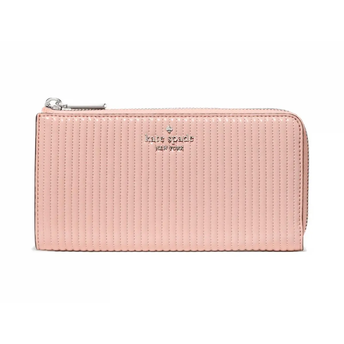 New Kate Spade Shiny Quilted Patent Large Slim L-zip Wallet Rose Smoke