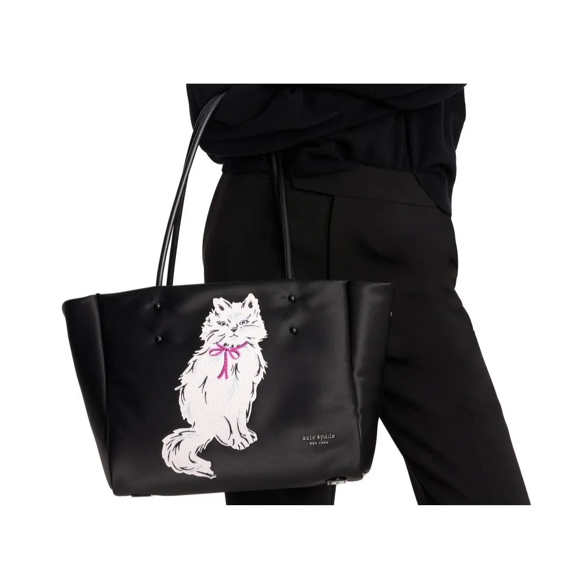 New York Whiskers Crystal Embellished Cat Everything Tote Black by Kate Spade