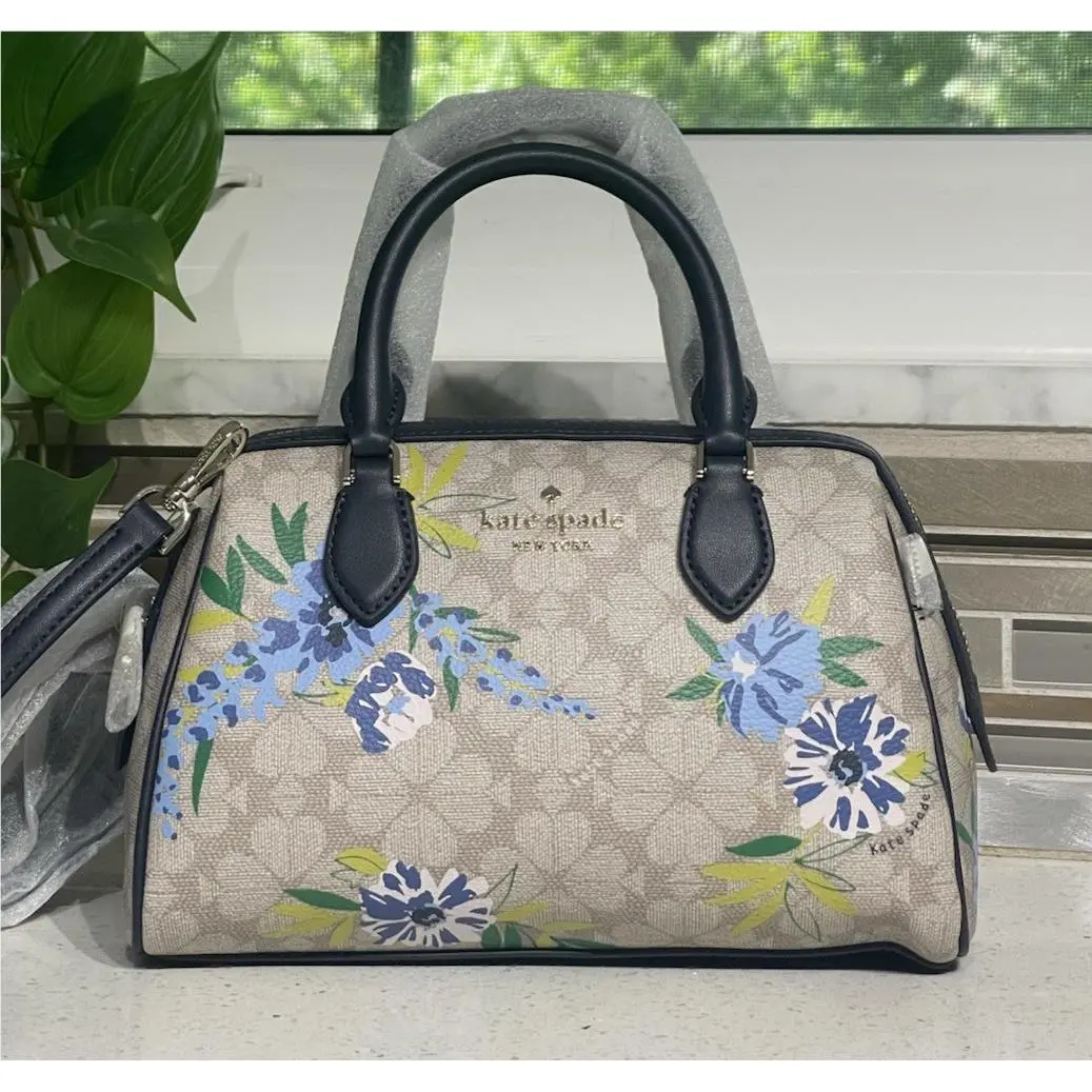 Small Dolly Duffle Crossbody Bag Blue Tan Beige Floral Print Satchel by Kate Spade