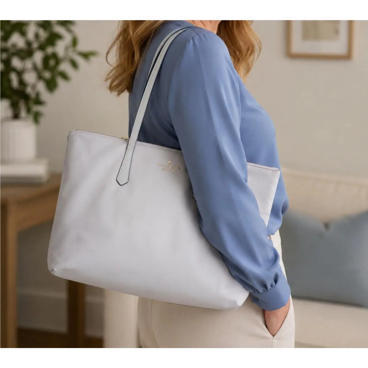 York Kitt Large Tote Nylon Nimbus Grey Gold Hardware by Kate Spade