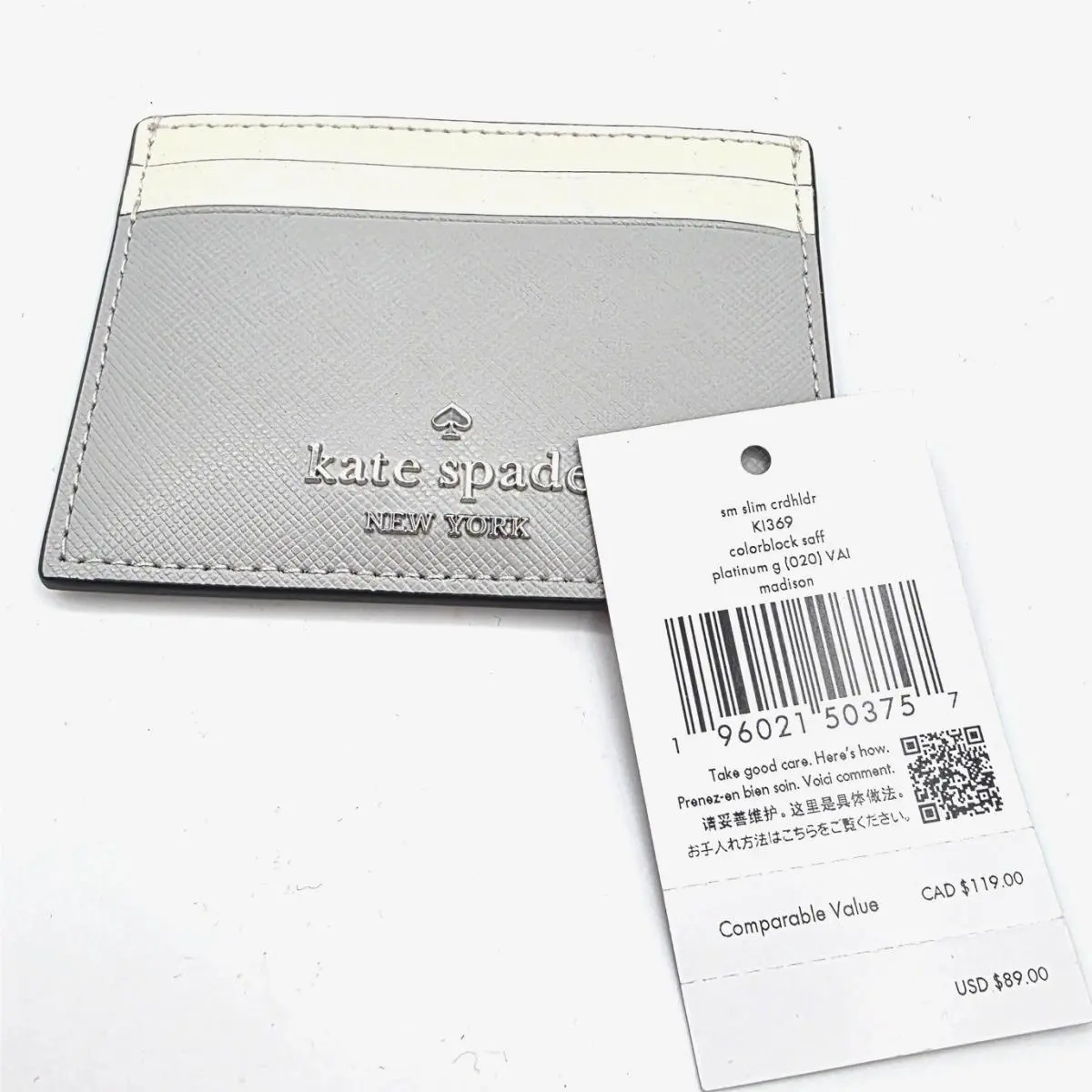 Madison Small Slim Card Holder Platinum Grey Colorblock K1369 by Kate Spade