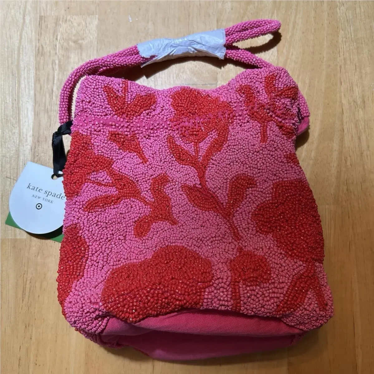 New York x Target Beaded Classic Rose Drawstring Bucket Bag Pink Red by Kate Spade