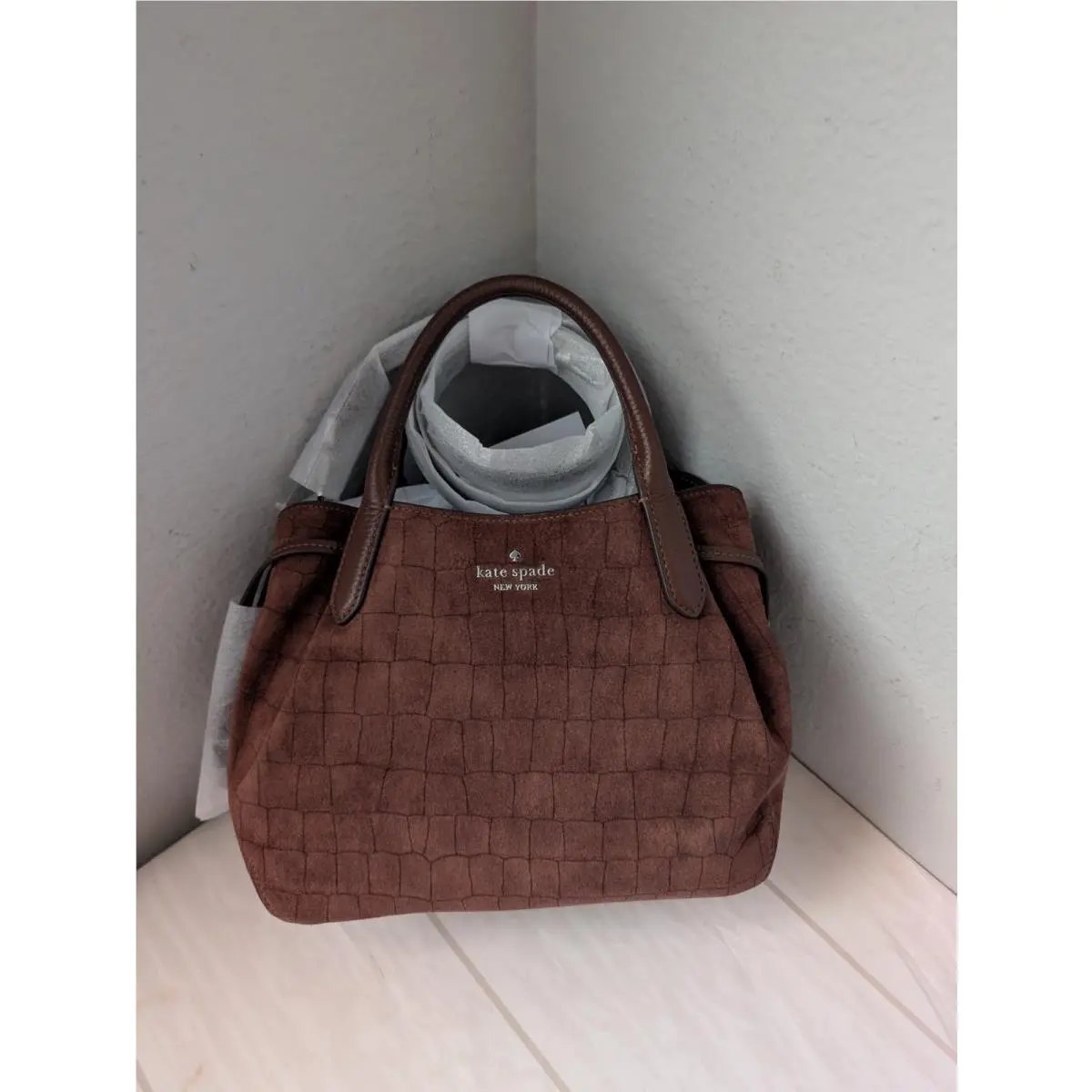 KP879 Dumpling Suede Croc Satchel Bag In Chocolate Truffle by Kate Spade