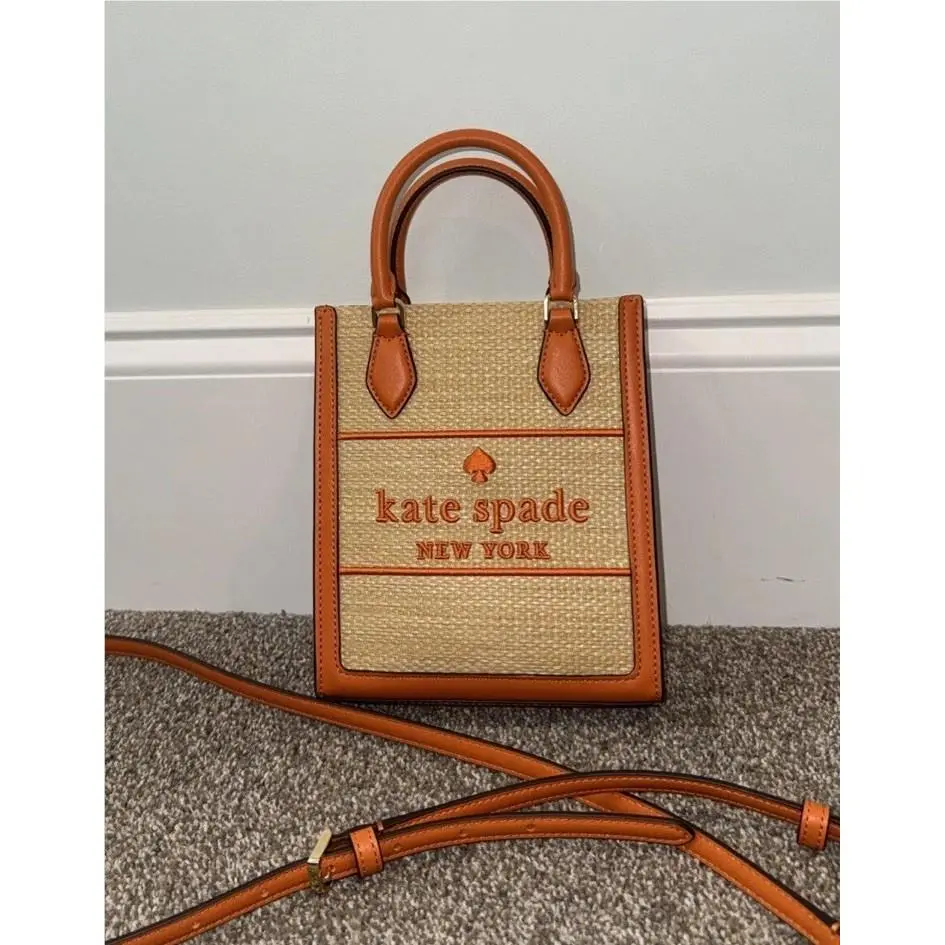New  KL020 Ellie Straw Mini Tote Satchel Crossbody Handbag Orange by Kate Spade