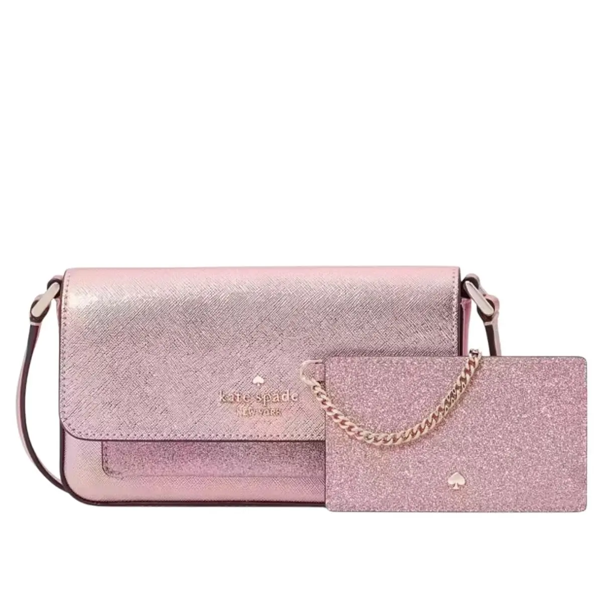 Crossbody Purse Card Holder Pink Glimmer Glitter Boxed Duo by Kate Spade