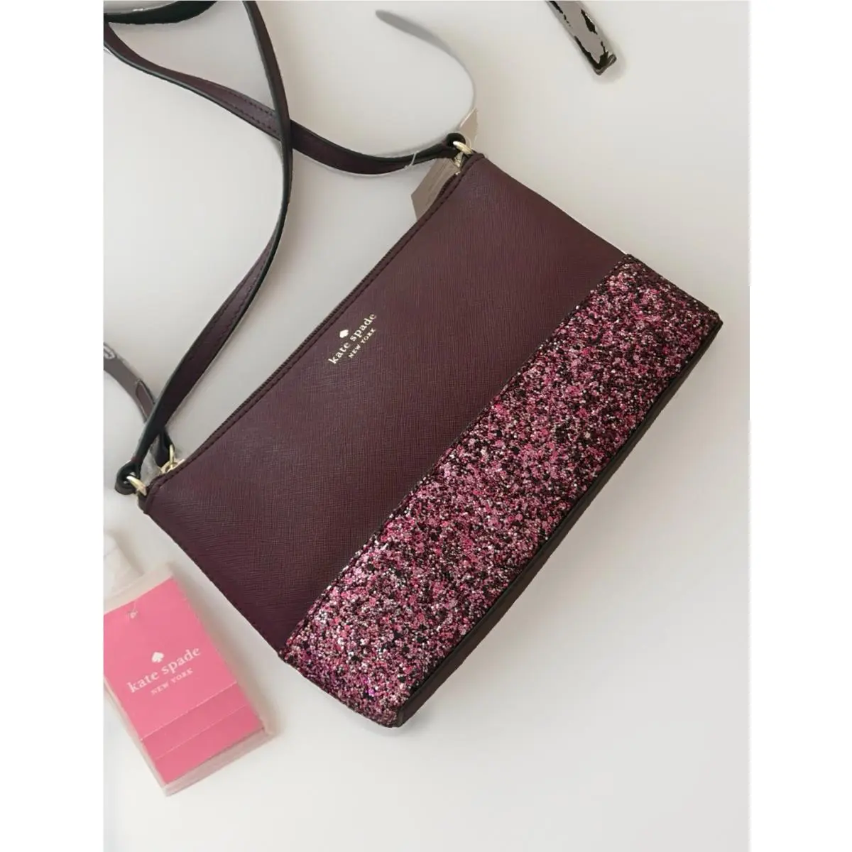 New  Greta Court Dusty Peony Pink Glitter Maroon Crossbody Bag Purse by Kate Spade