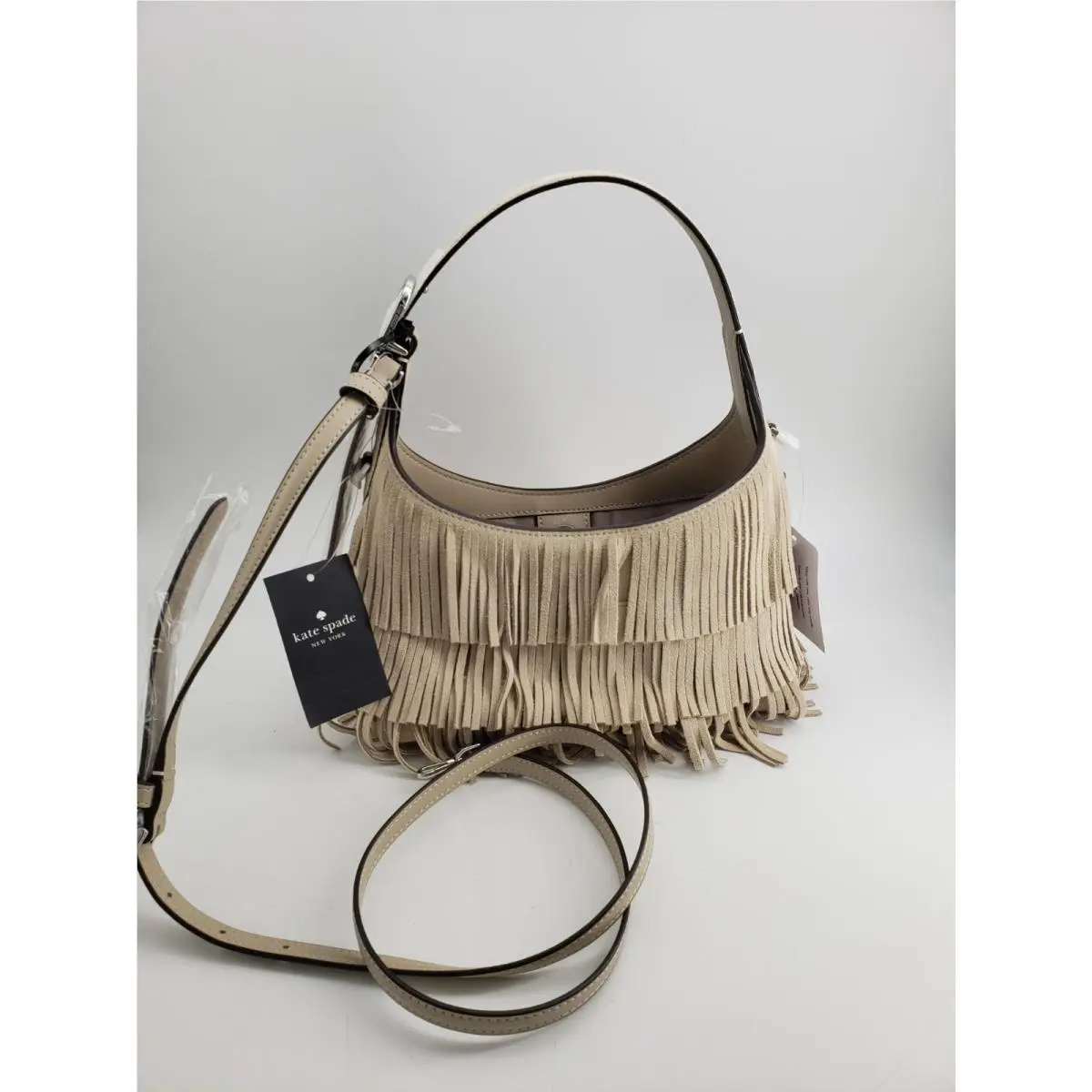 454 Suede Fringe Mini Crossbody Light Sand Color 359.00 Retail by Kate Spade