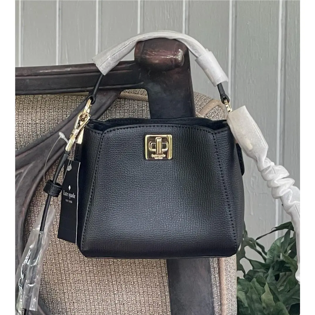 Phoebe Mini Satchel Crossbody Leather Bucket Bag Black Leather Gold by Kate Spade