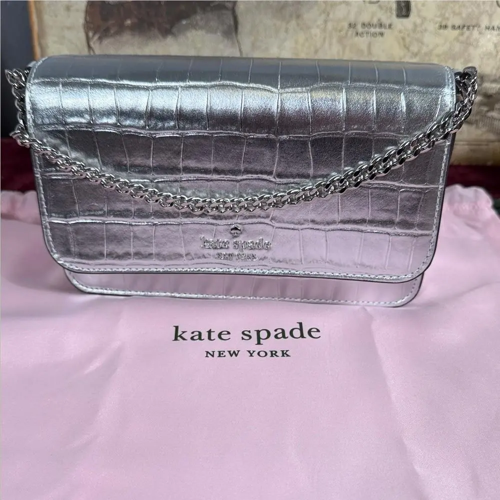 Silver Croc-embossed Metallic Crossbody with Silver Chain Clutch by Kate Spade