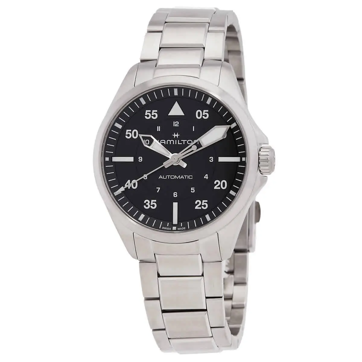Hamilton Khaki Aviation Pilot Automatic Black Dial Watch H76305130 - Dial: Black, Band: Silver-tone, Bezel: Silver-tone