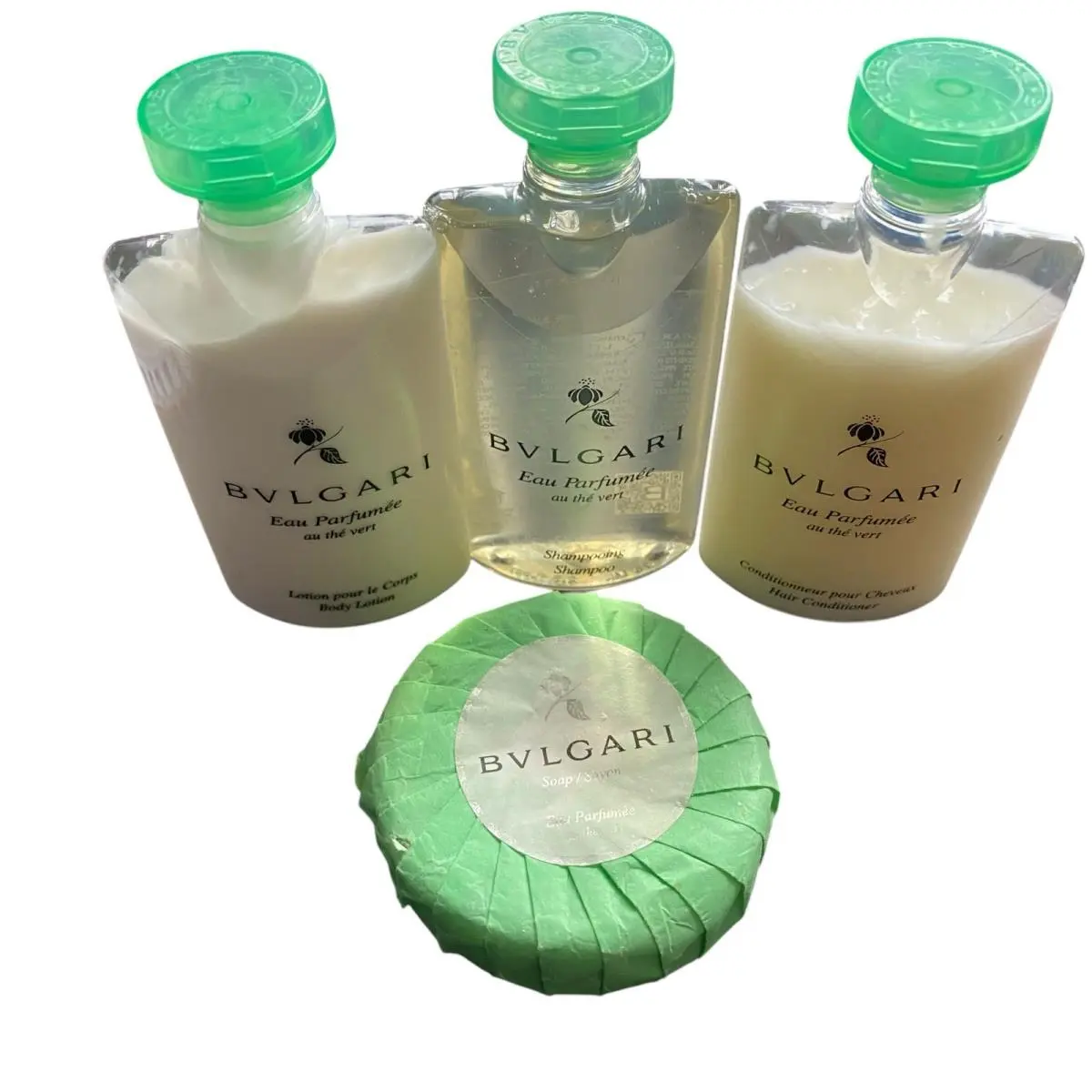 au Thé Vert Green Tea Lotion Shampoo Conditioner and Soap Bundle by Bvlgari