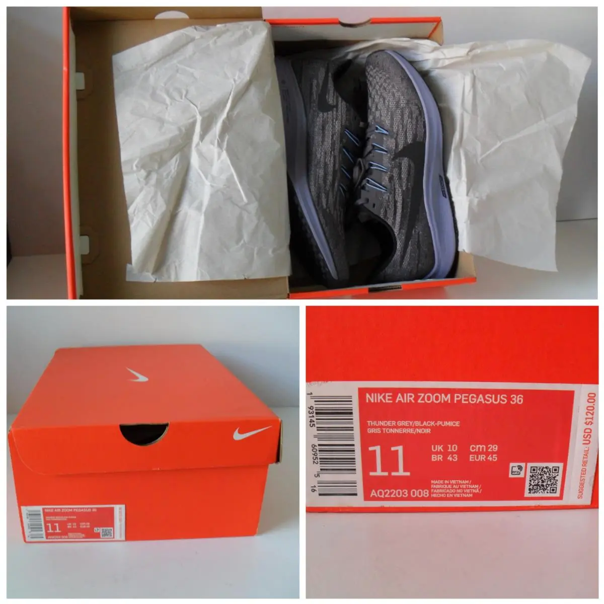 Nike Air Zoom Pegasus 36 Shoes Thunder Grey Black Pumice Size 11 AQ2203-008