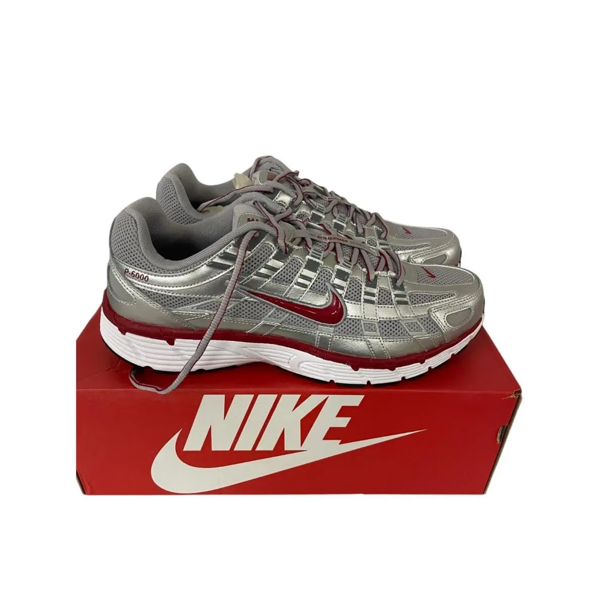 Nike P-6000 Mens Running Shoes Breathable Mesh Lace Up Silver Red Size 11.5