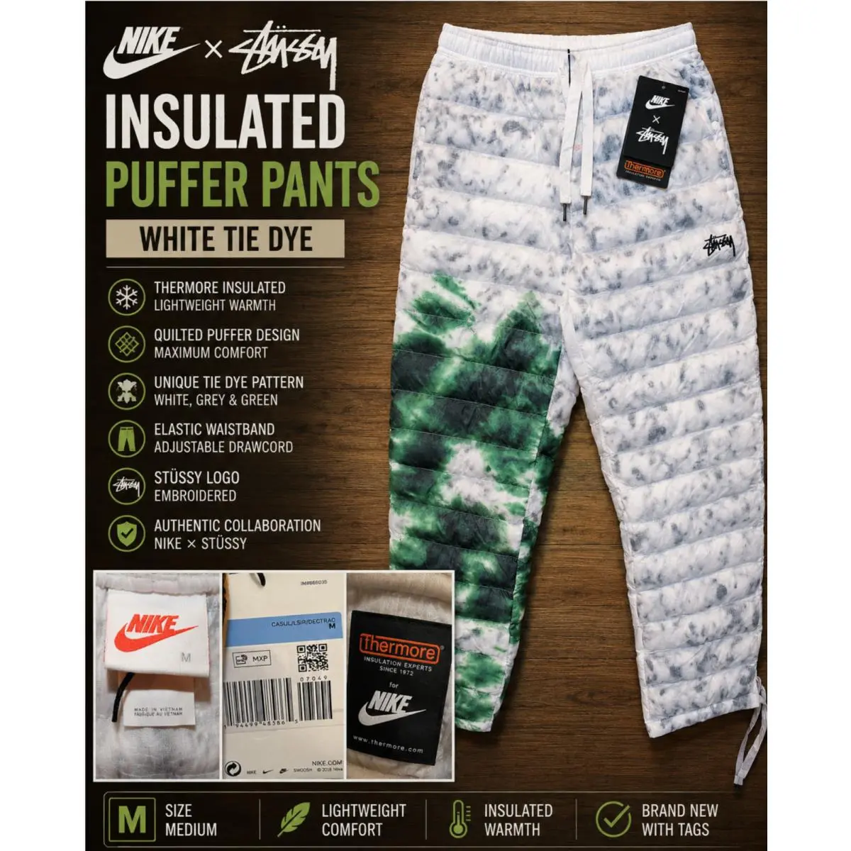 x Stussy Insulated Puffer Pants White Tie Dye Thermore Medium by Nike