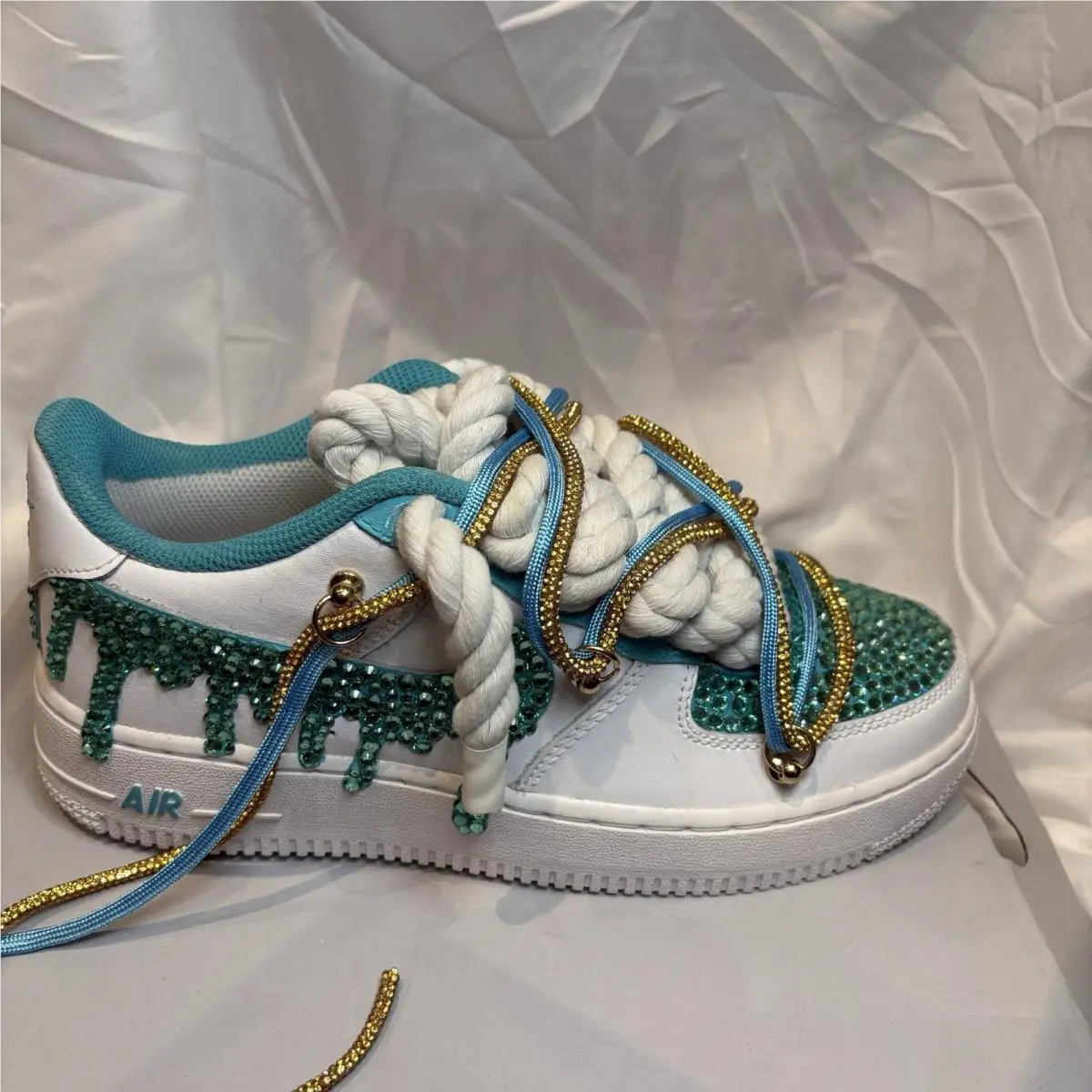 Air Force 1 Custom Teal Drip Rhinestone Swoosh White Shoes 6Y 7.5 Womens by Nike