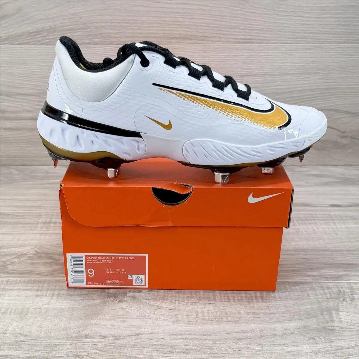 Alpha Huarache Elite 4 Low Baseball Cleats White Gold Size 9 FD2745-119 by Nike