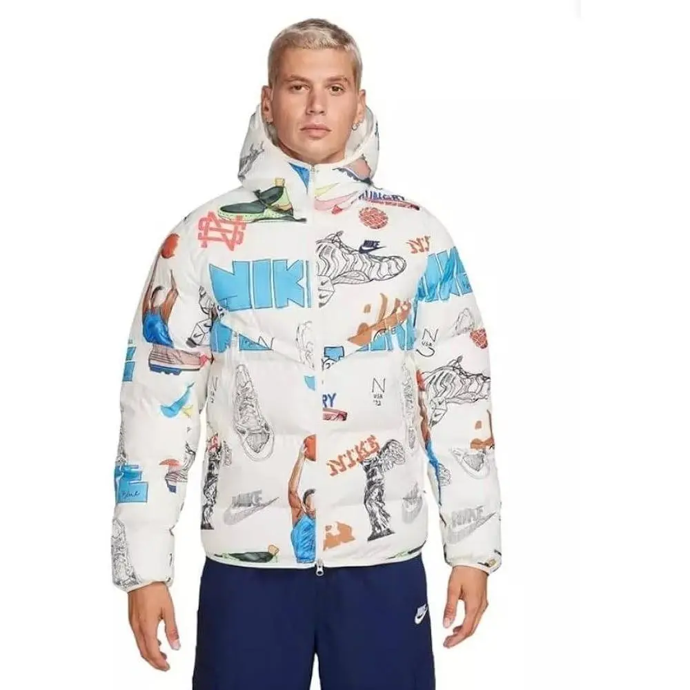 Puffer Hooded Jacket Men`s All Over Print Retro Style Graphic Design L by Nike