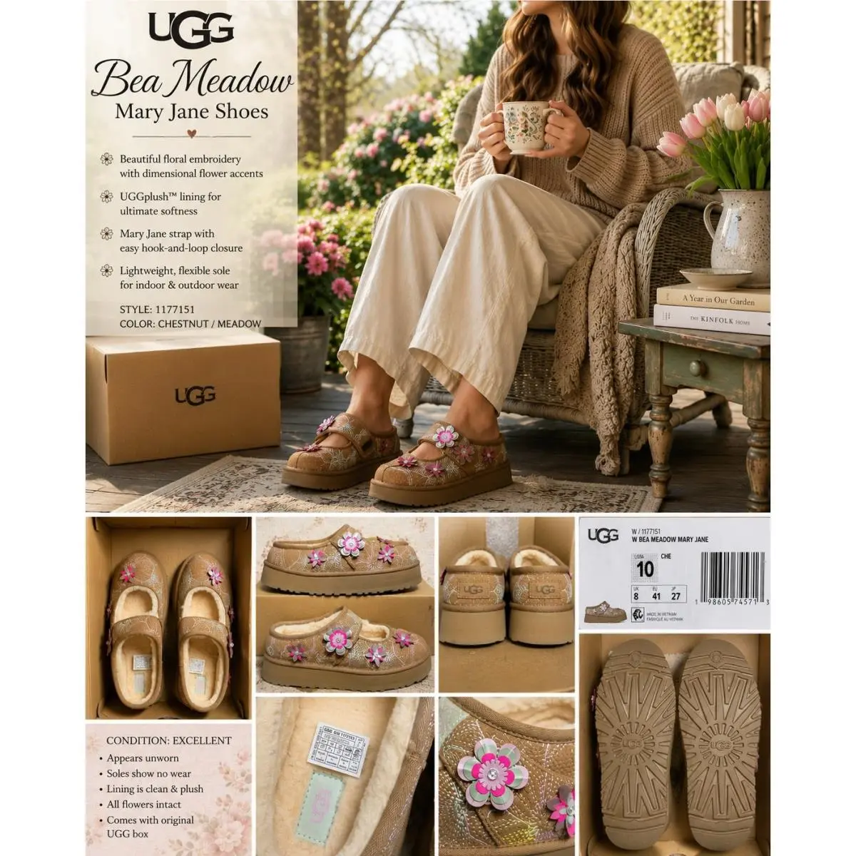 Ugg Bea Mary Jane Meadow Shoes Women’s 10 Chestnut Floral Platform 1177151 by UGG