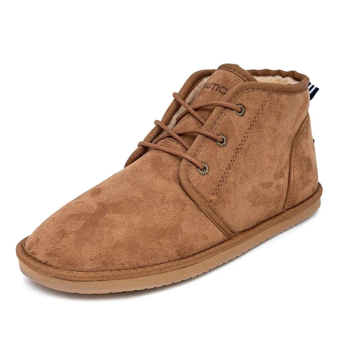 Men’s Warm Ankle Boot Slippers – Fleece Lined Lace Up Winter tan by Nautica