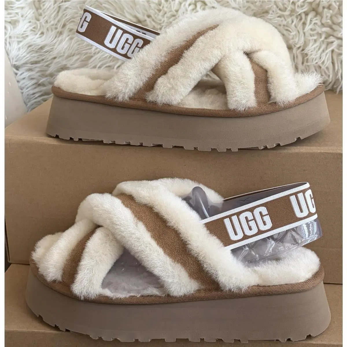 Ugg Disco Cross Slide Platform Slippers Women`s White Chestnut Shearling Sz 8