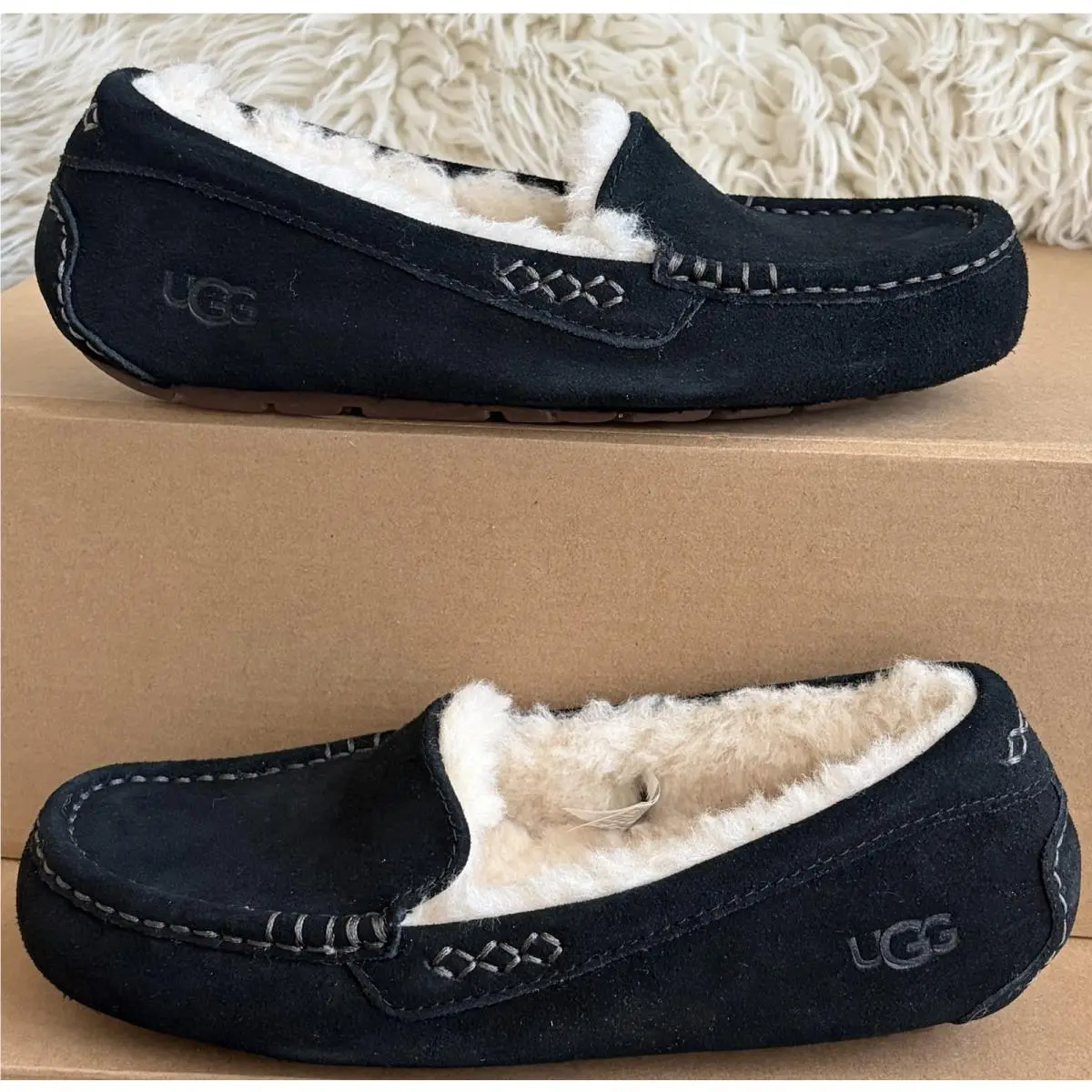 Ugg Ansley Women’s Black Sherpa Moccasin Slippers Size 7 by UGG