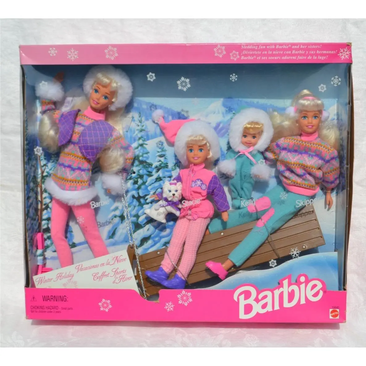 Barbie Winter Holiday Gift Set Skipper Stacie Kelly Sledding Mattel 1995 15645