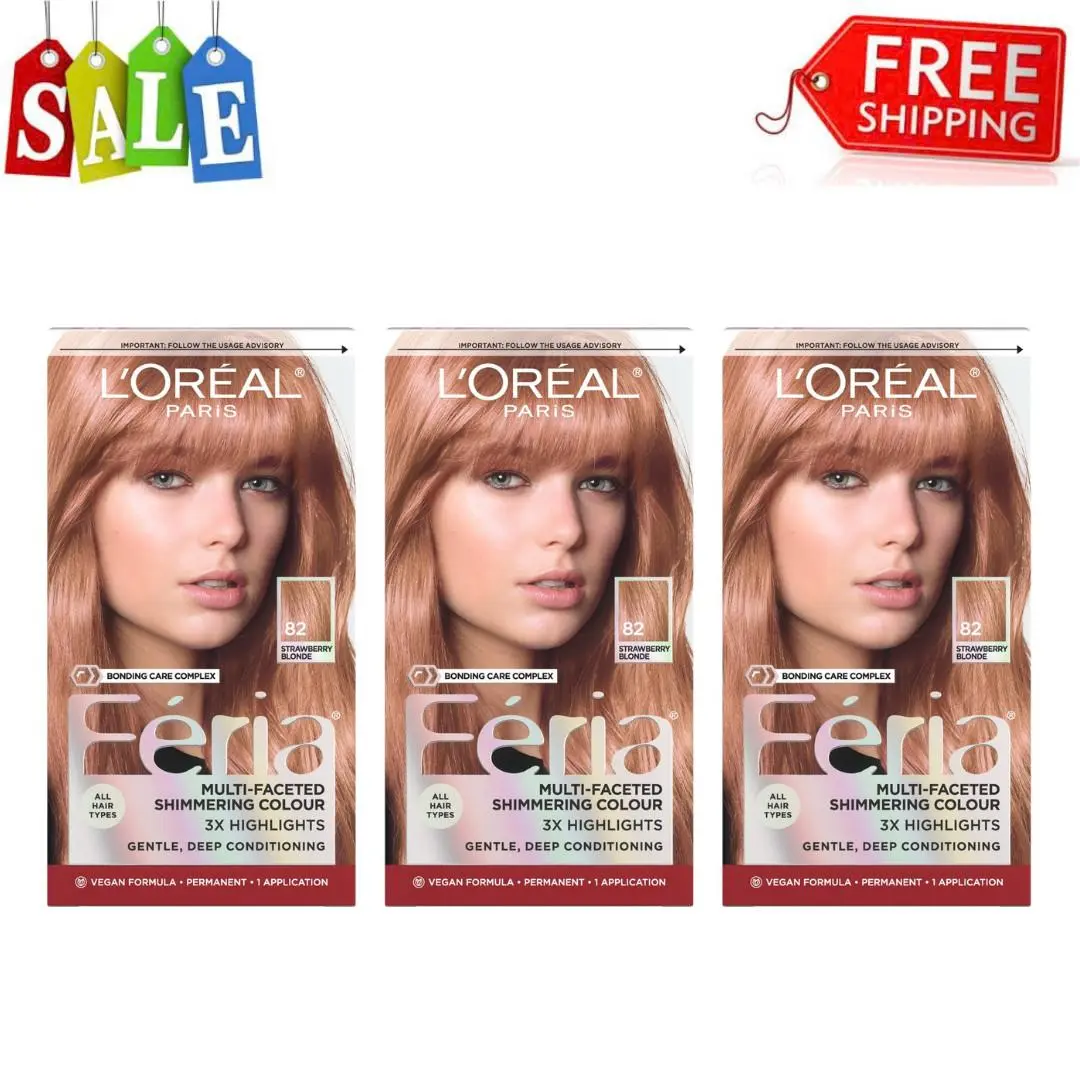 3PK L`oreal Paris Feria 82 Strawberry Blonde Permanent Hair Color Kit Vegan by L'Oréal