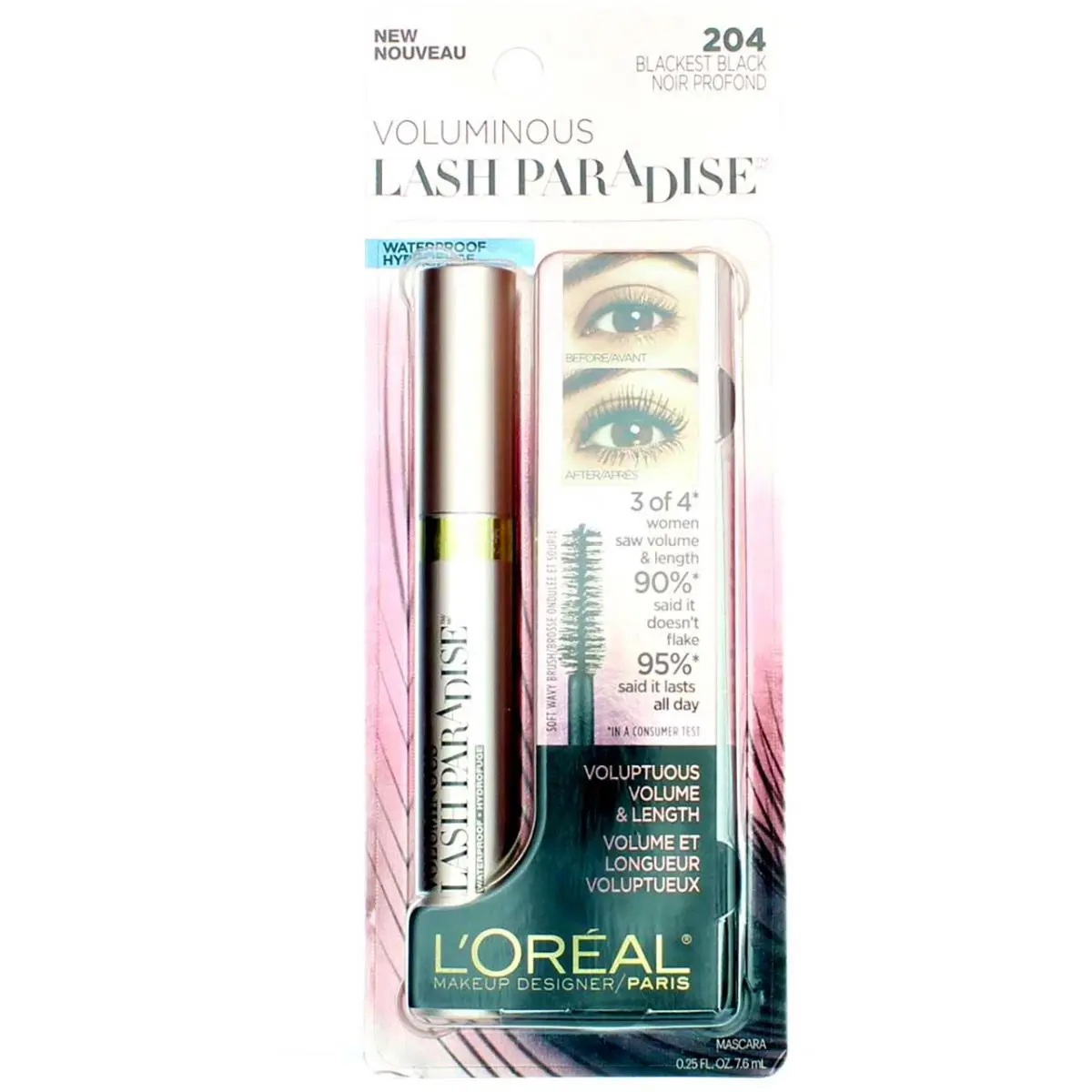 6 Pack L`oreal Paris Voluminous Lash Paradise Mascara Blackest Black 204 by L'Oréal