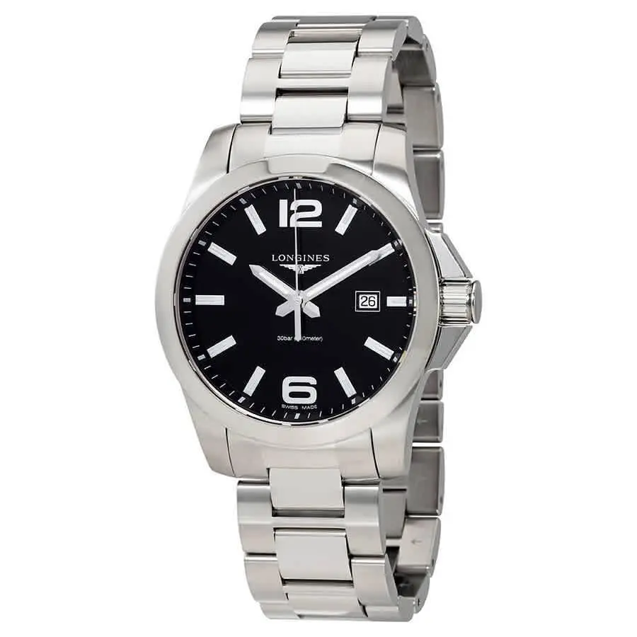Conquest Black Dial Stainless Steel Men`s 43mm Watch L37604566 by Longines