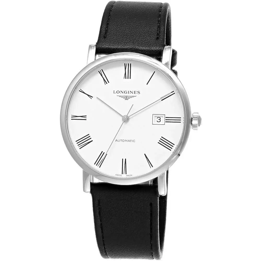 Longines Elegant Collection Auto 41mm White Dial Leather Watch L4.911.4.11.2 - Dial: White, Band: Black, Bezel: Gray, Silver