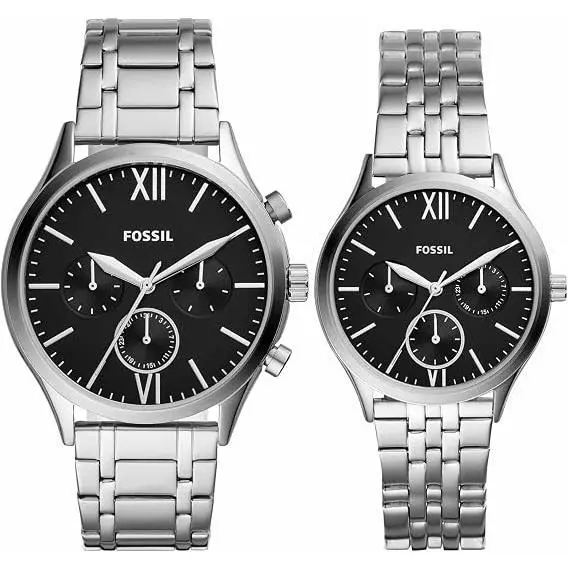 His and Her Fenmore Midsize Multifunction Stainless Steel Watch Gift Set by Fossil