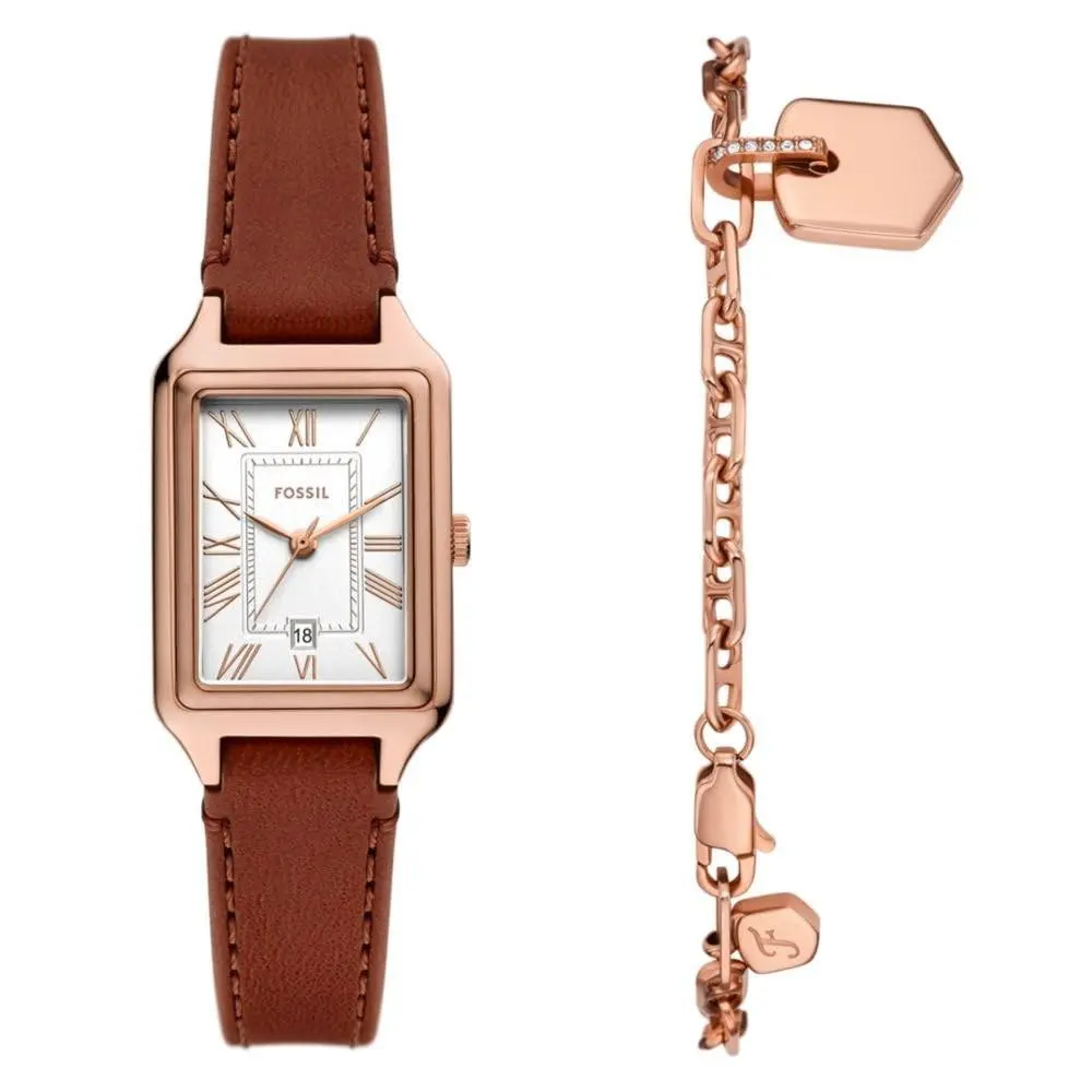 Women`s Raquel Three-hand Date 23MM Red Leather/rose Gold Gift Set by Fossil