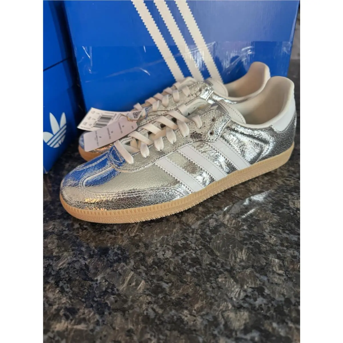 Adidas Samba OG Silver Metallic Cracked Leather JR0035 Shoes. Sneakers Pick Sz
