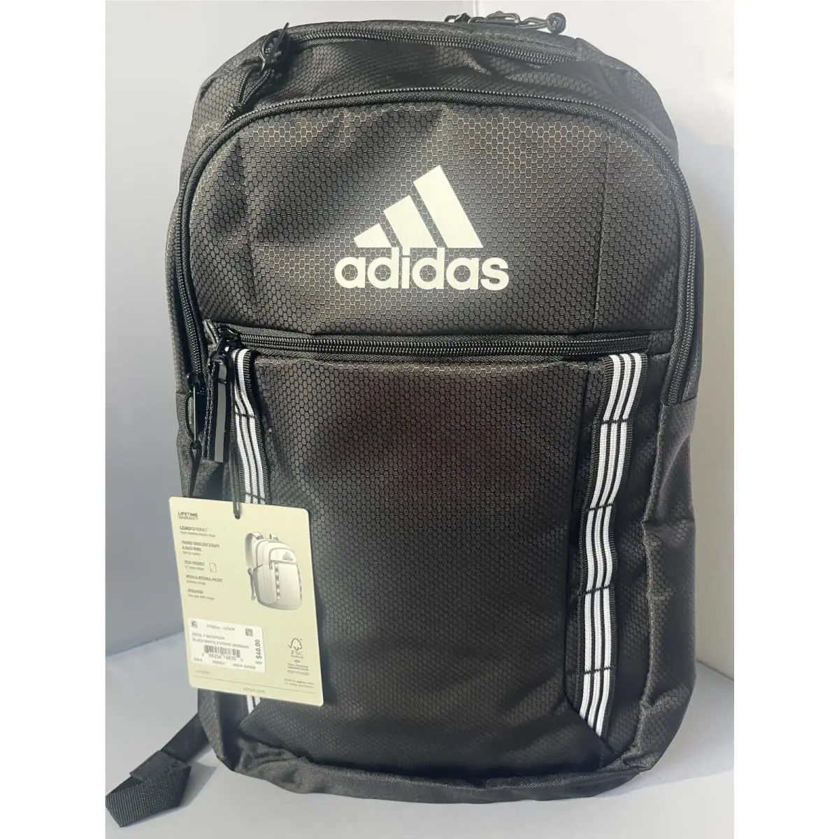 Excel 7 Backpack Load Spring Padded Shoulder Stripe Panel Tech Friendly Black/White 3 Stripe Webbing by Adidas