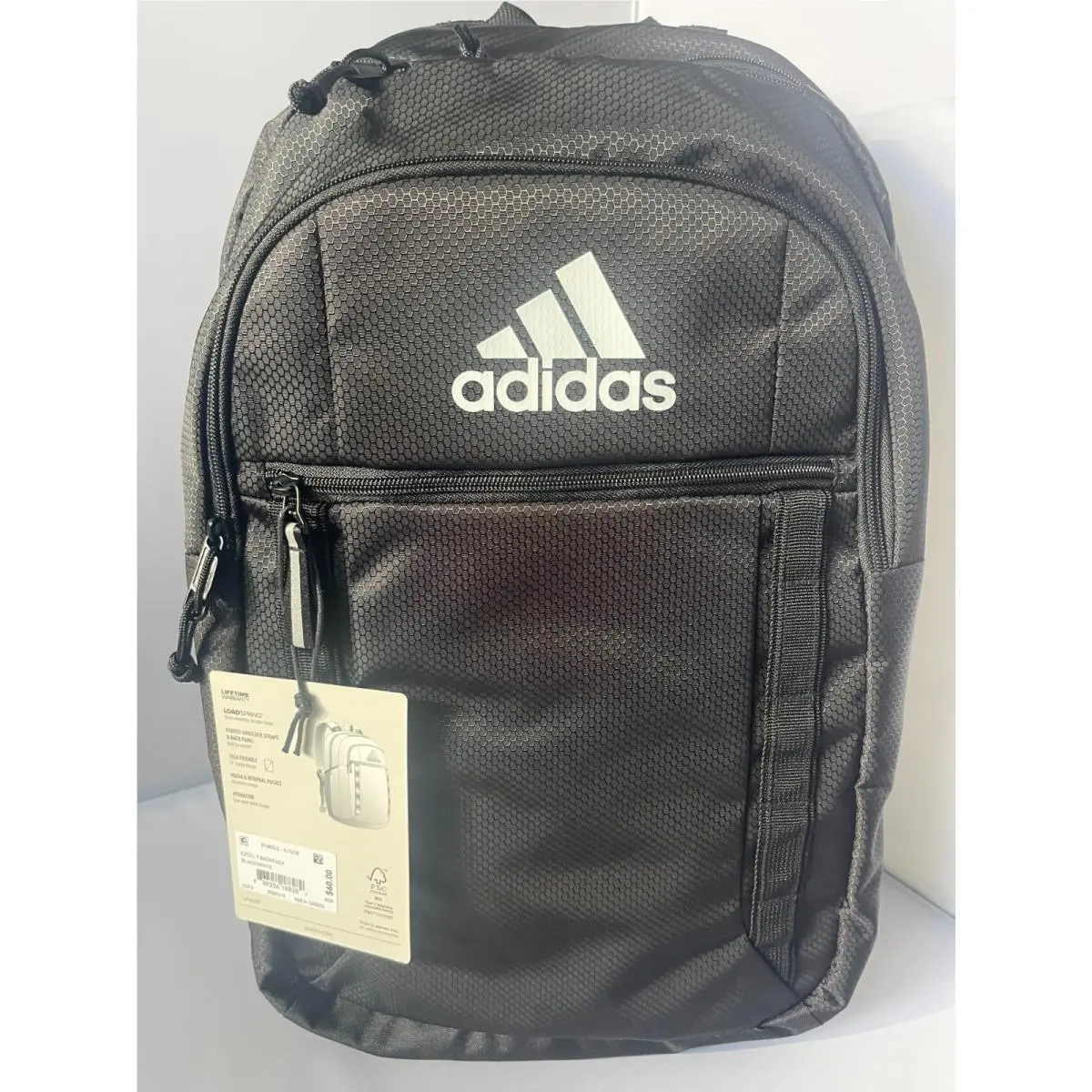 Excel 7 Backpack Load Spring Padded Shoulder Stripe Panel Tech Friendly Black/White by Adidas