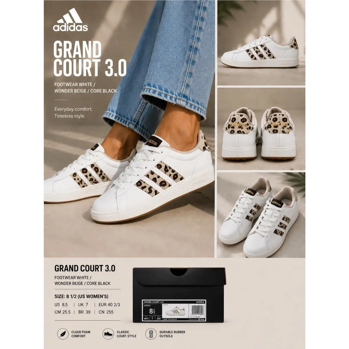 Adidas Grand Court 3.0 Women`s Sneakers White Leopard Print KI3322 8.5