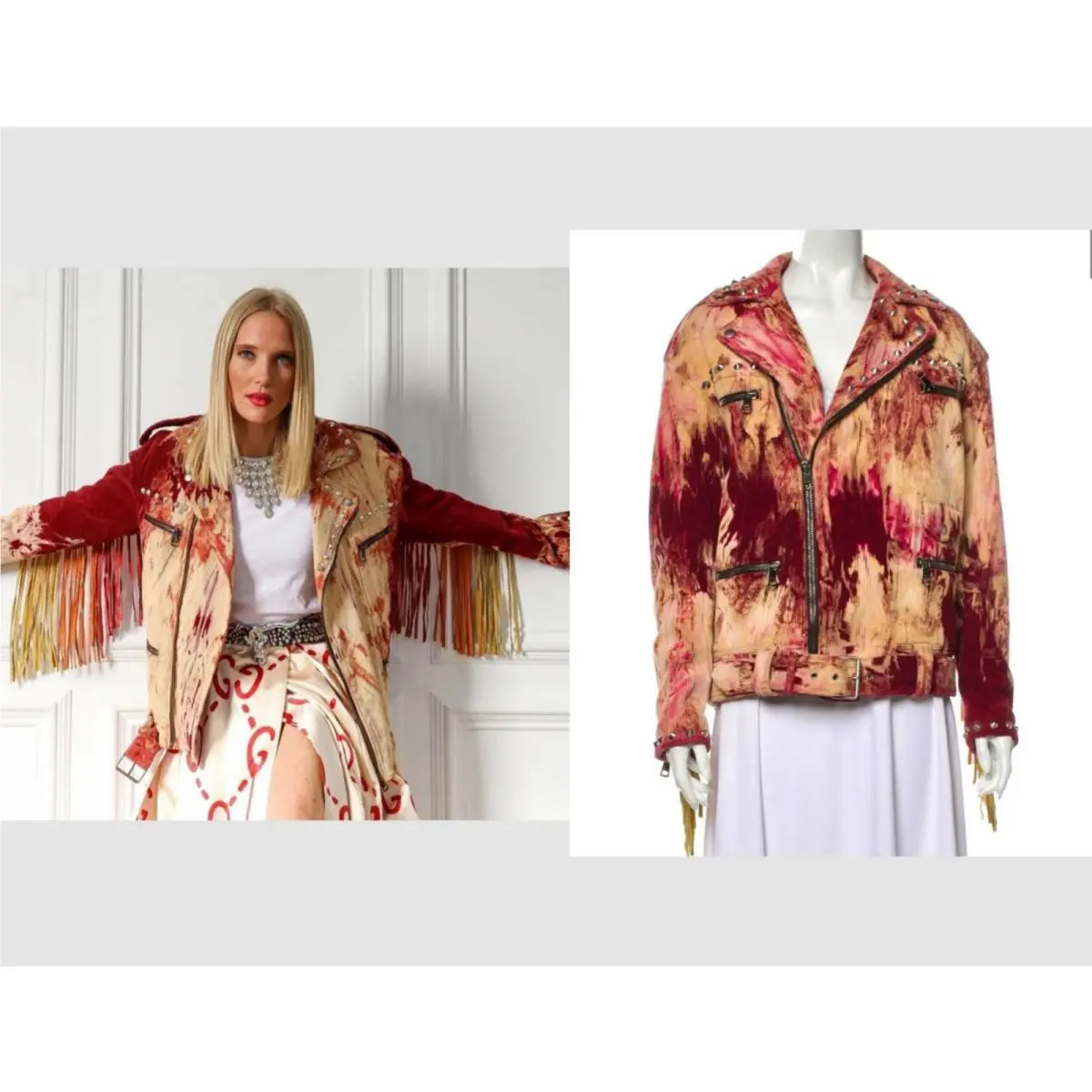 14K Gucci 2017 Red Cream Corduroy Leather Biker Jacket 36 38 2 4 Coat S M