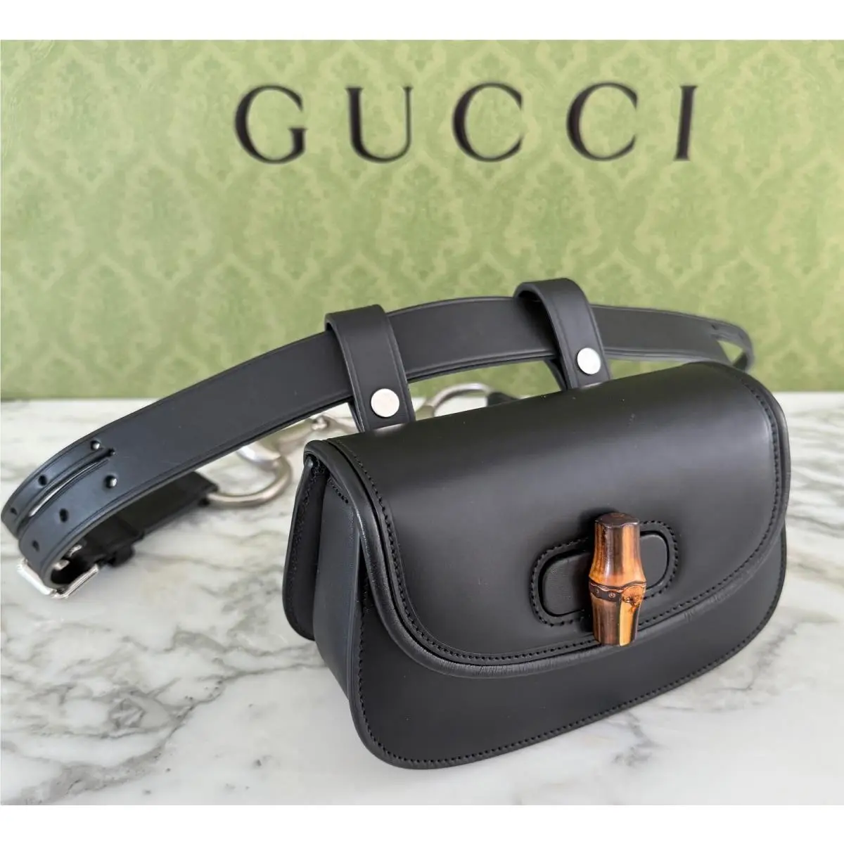 681137 Bamboo 1947 Black Leather Belt Bag with Large Horse Bit Belt by Gucci