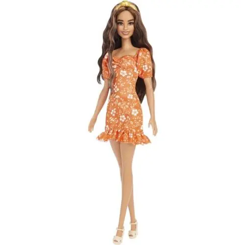 Barbie Fashionista Long Wavy Brunette Hair Headband Orange Printed Doll