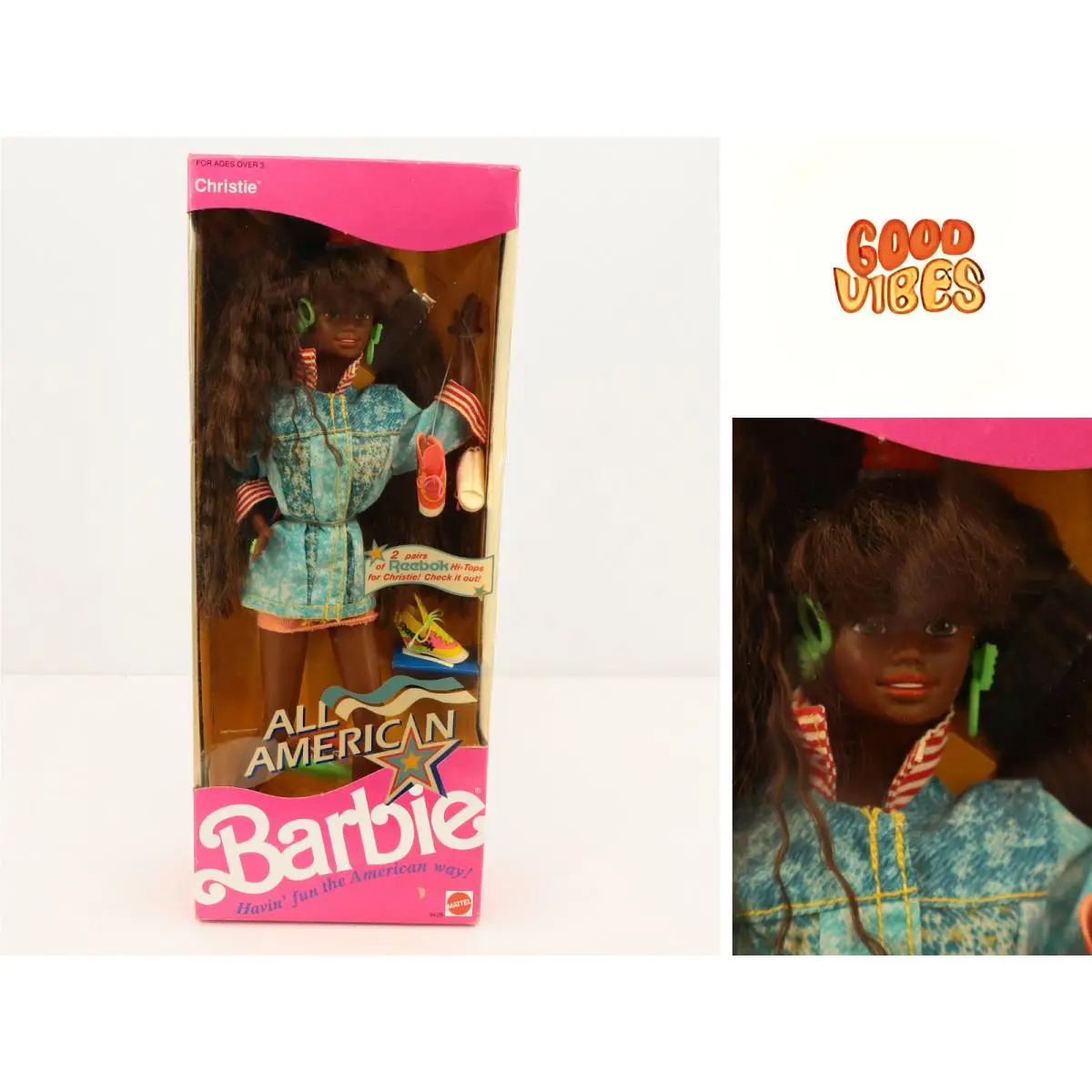 1990 Mattel All American Christie AA Barbie 9425 Reebok Hi-tops Nrfb