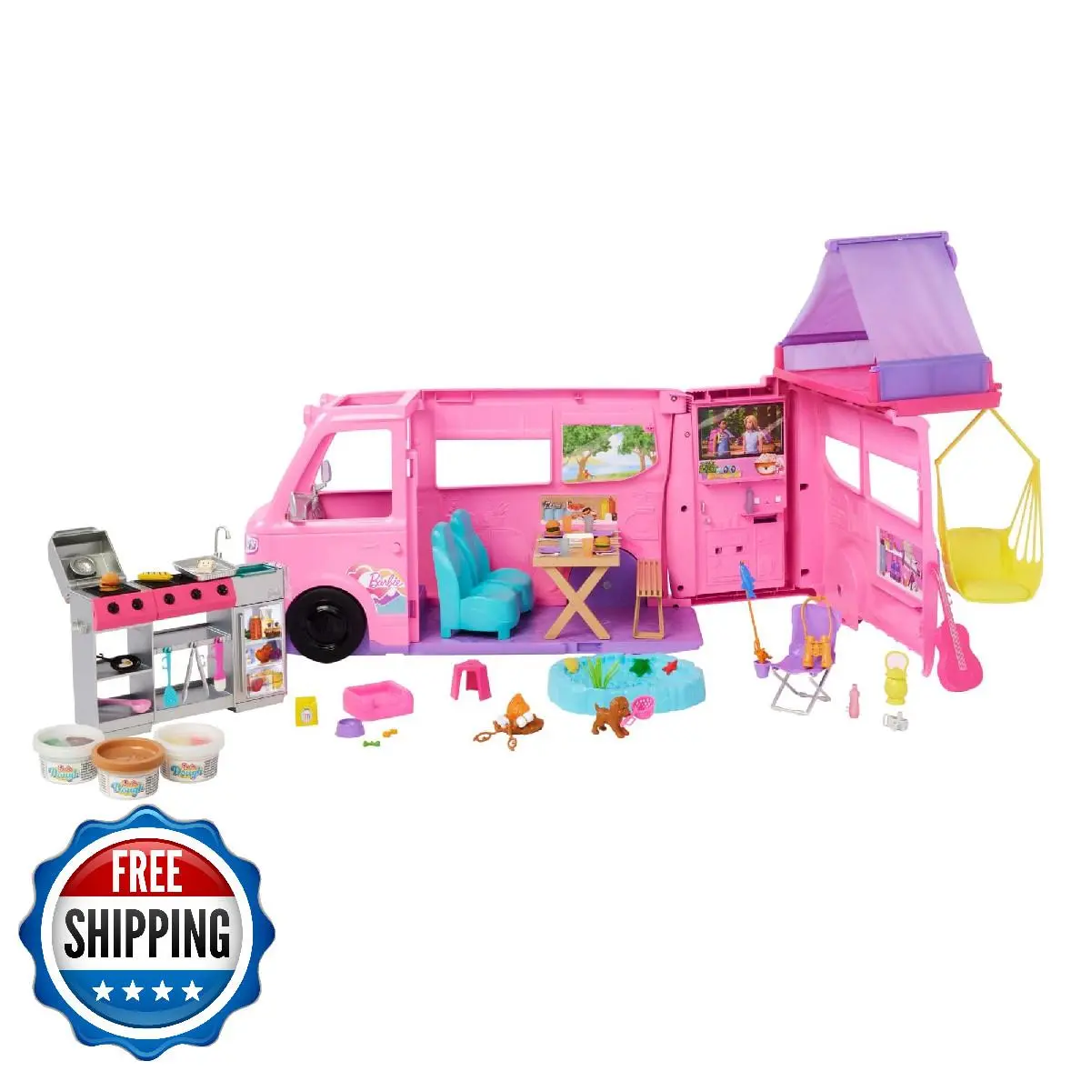 Barbie Dream Camper 2025 Playset w/ Roof Tent Swing Fishing Pond Pet